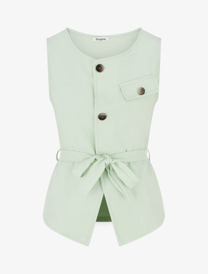 Top boutonné sans manches à poche décorative - Vert pomme - 1