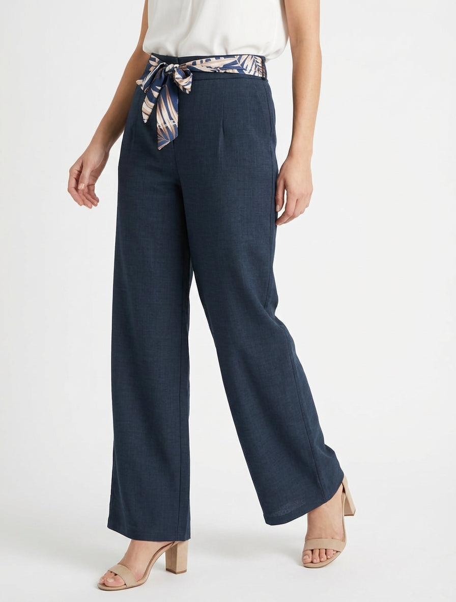 Pantalon droit taille haute effet lin - Marine