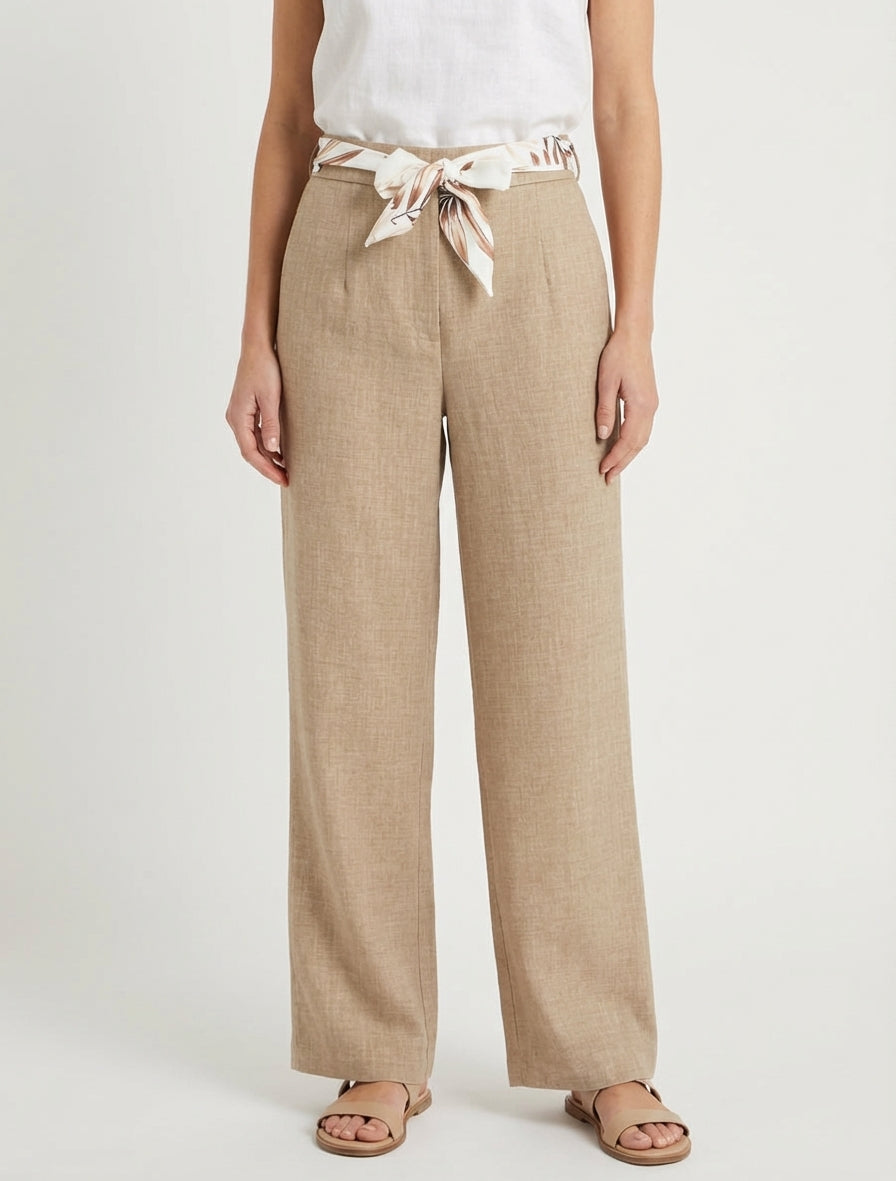 Pantalon droit taille haute à ceinture - Taupe