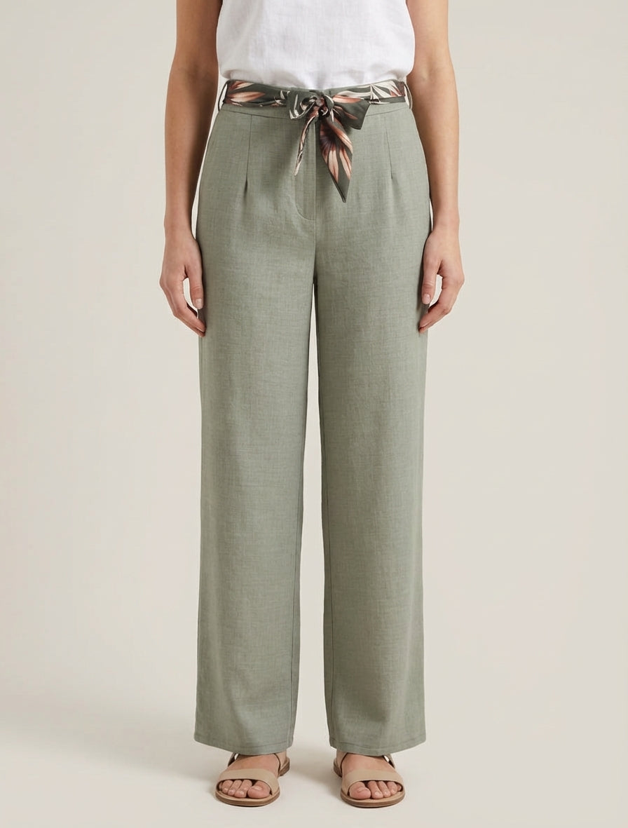 Pantalon droit taille haute effet lin - Kaki
