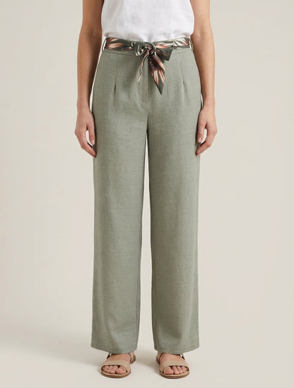 Pantalon droit taille haute effet lin - Kaki