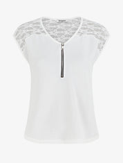 Top droit à zip et dentelle - Blanc - 1