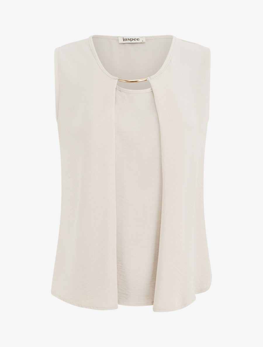 Top droit uni à col rond bijou - Beige - 1