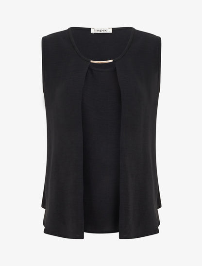 Top droit uni à col rond bijou - Noir - 1