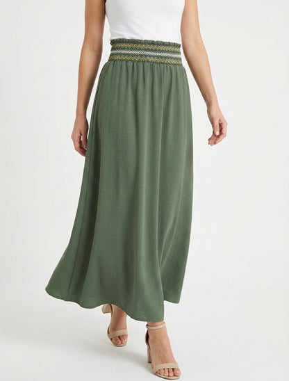 Jupe longue évasée à taille fantaisie - Kaki