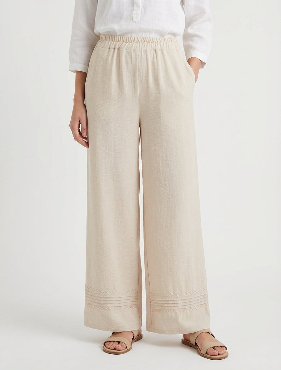 Pantalon ample taille haute brodé - Beige