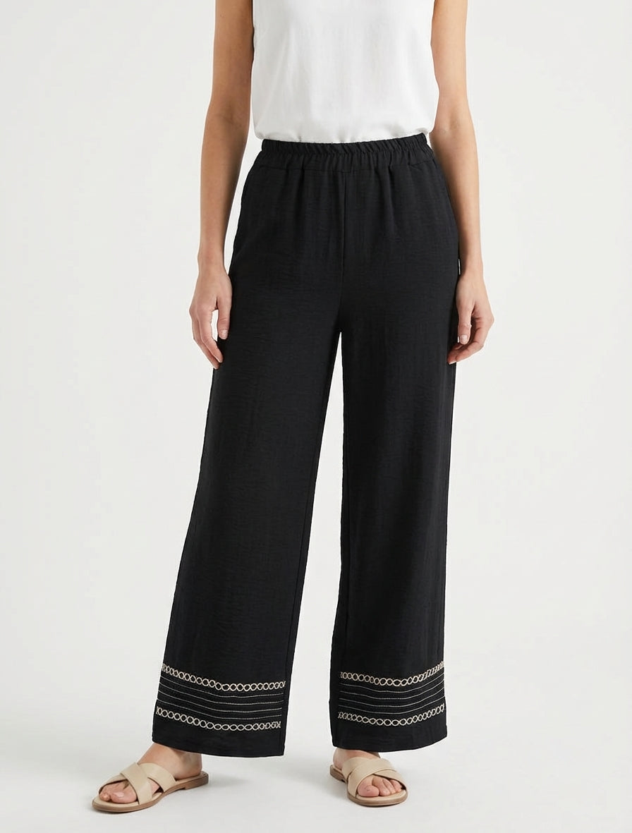Pantalon fluide taille haute brodé - Noir