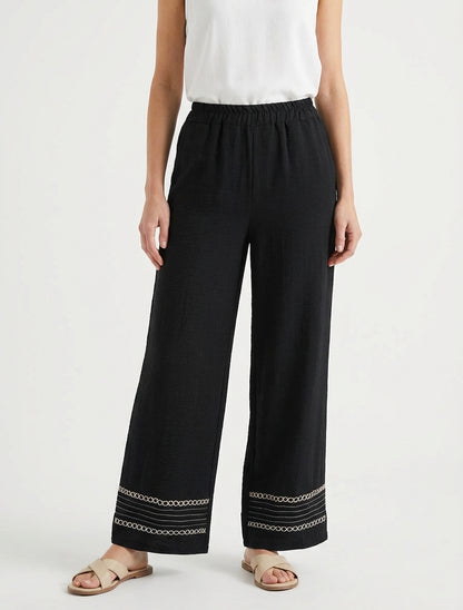 Pantalon fluide taille haute brodé - Noir