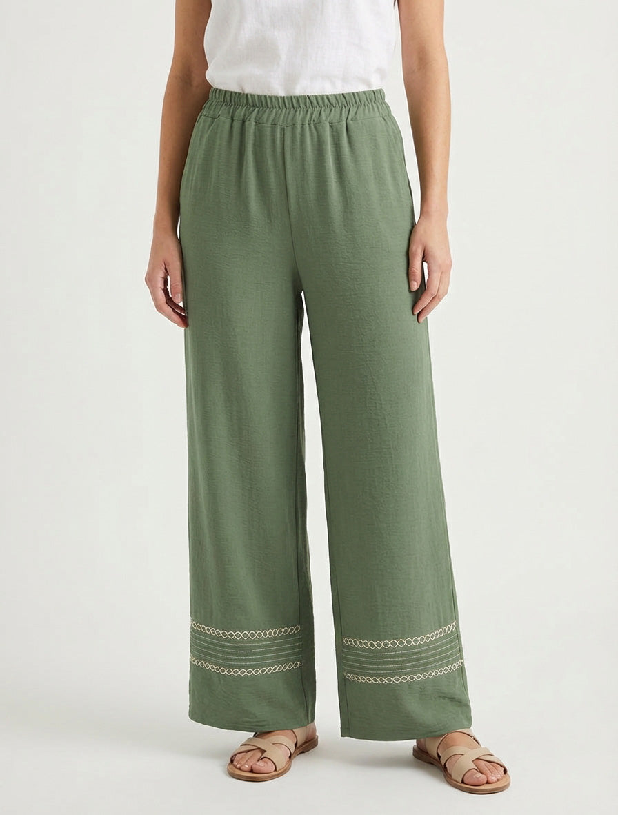 Pantalon ample taille haute brodé - Kaki
