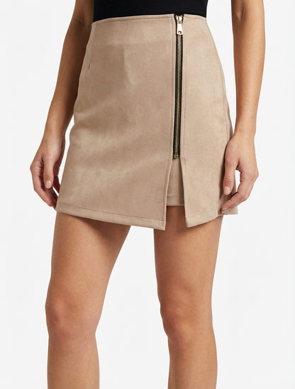 Short ajusté zip devant en suédine - Beige