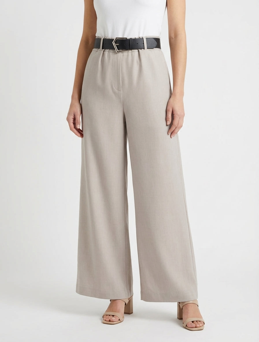 Pantalon ample ceinturé à taille haute - Taupe clair