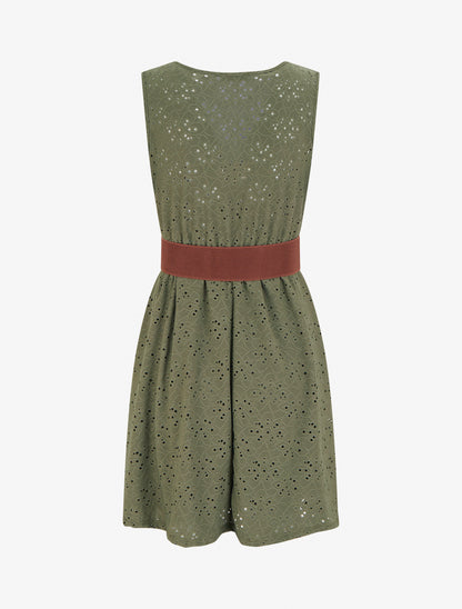 Robe évasée sans manches en broderie anglaise - Kaki - 2