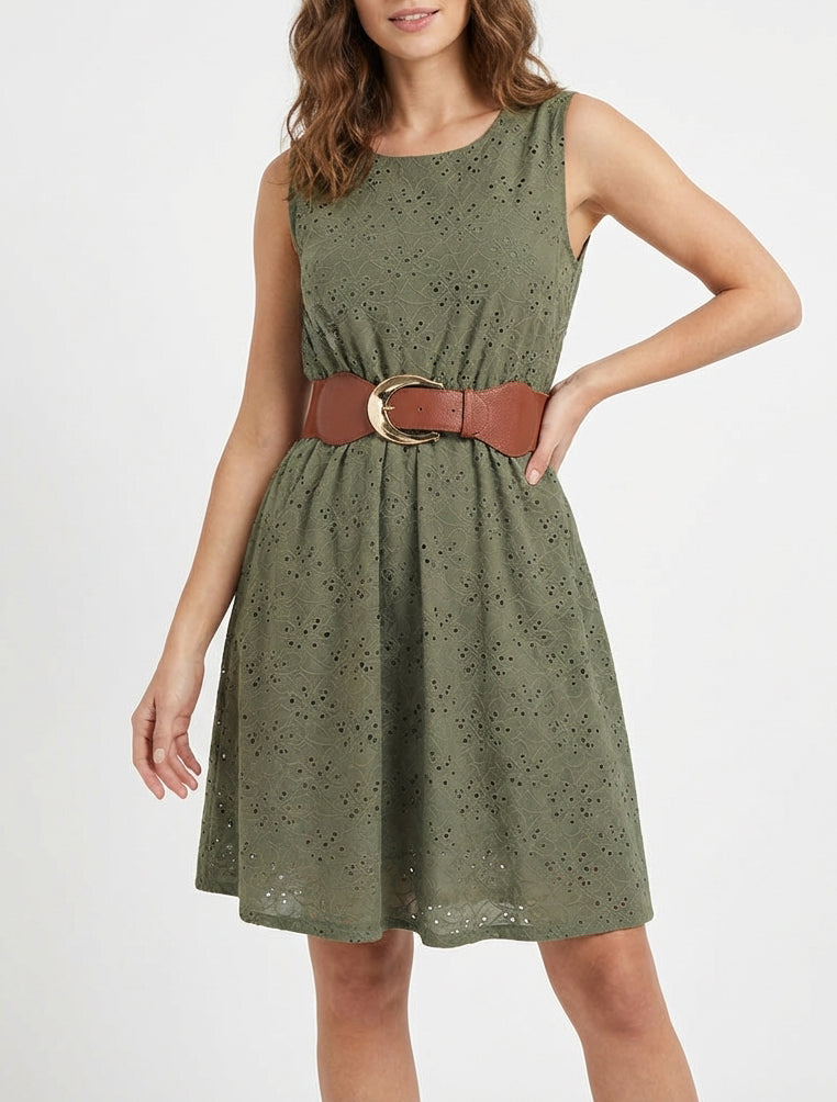 Robe broderie anglaise taille élastiquée - Kaki