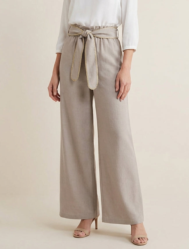 Pantalon fluide taille haute élastiquée - Taupe