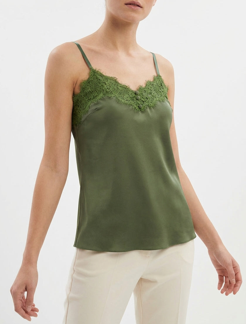Caraco satiné col V dentelle - Kaki