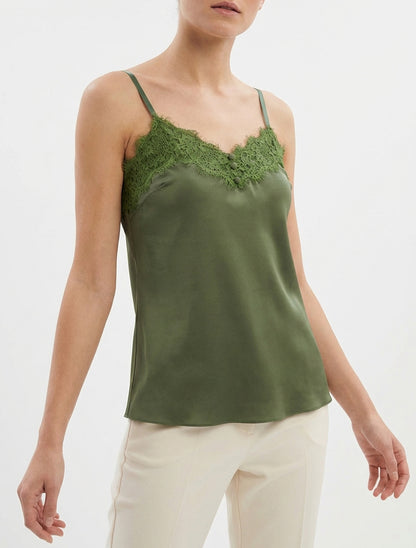 Caraco satiné col V dentelle - Kaki