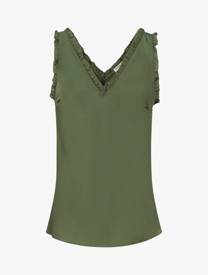 Top satiné sans manches à col volanté - Kaki - 1