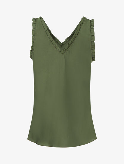 Top satiné sans manches à col volanté - Kaki - 2