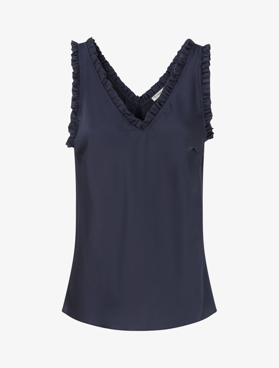 Top satiné sans manches à col volanté - Marine - 1