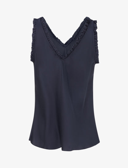 Top satiné sans manches à col volanté - Marine - 2