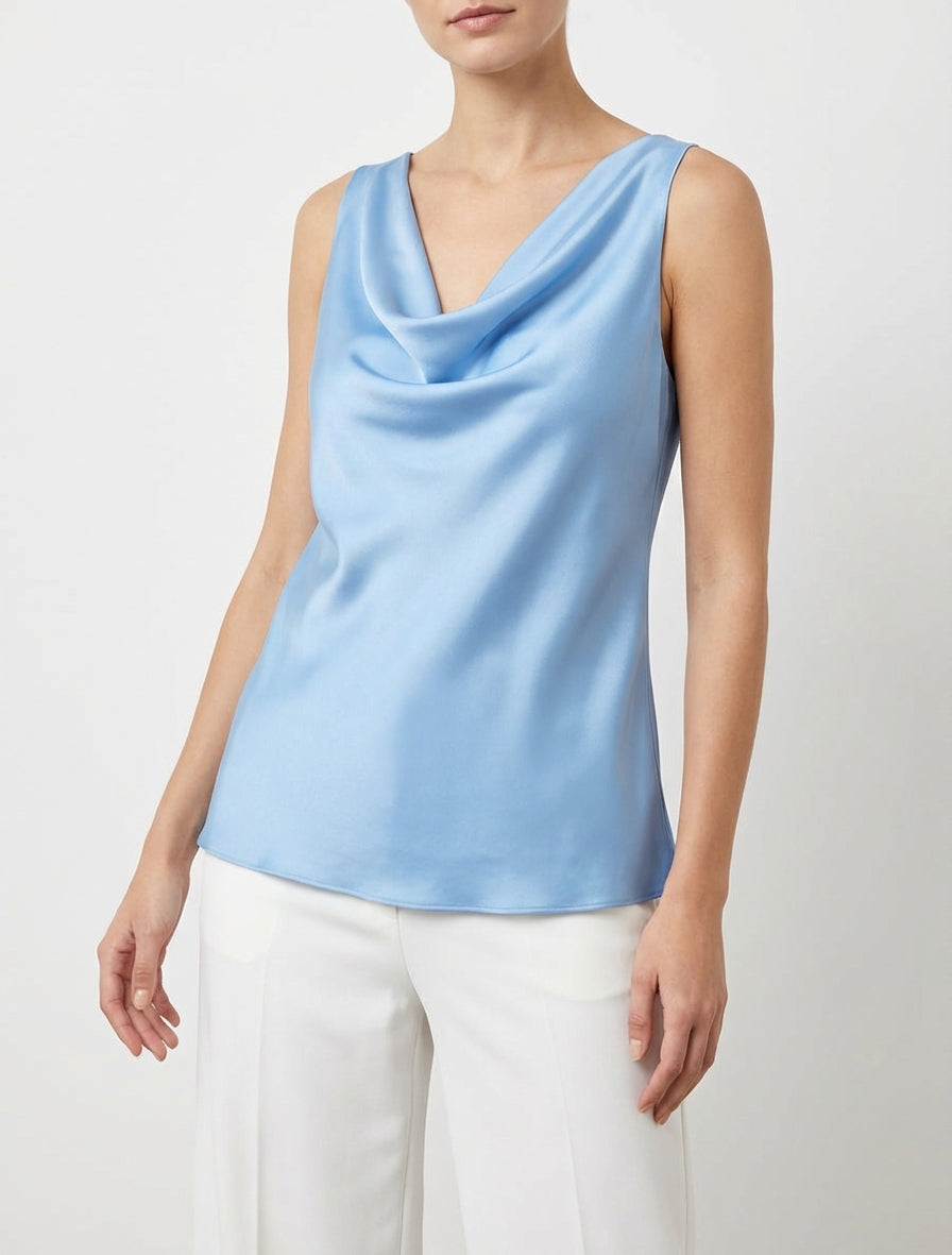 Top satiné coupe droite col bénitier - Bleu ciel