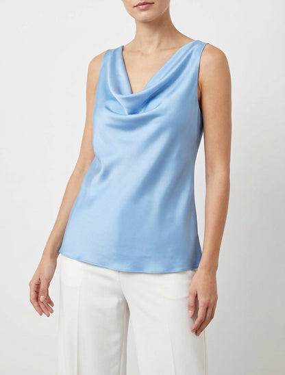 Top satiné coupe droite col bénitier - Bleu ciel