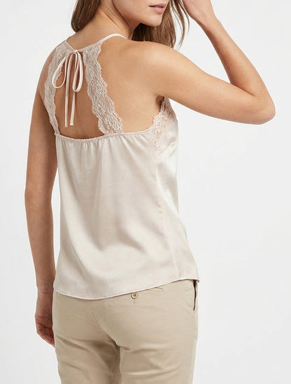 Caraco satiné col V dentelle - Beige clair