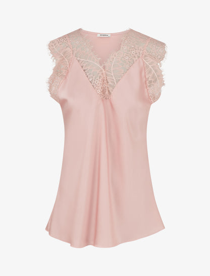 Top satiné à col V en dentelle - Rose - 1