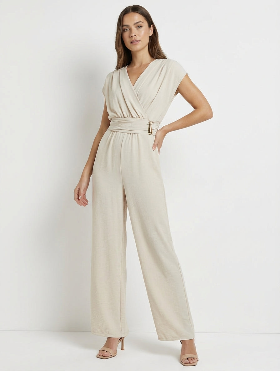 Combinaison ample à col cache-coeur effet drapé - Beige