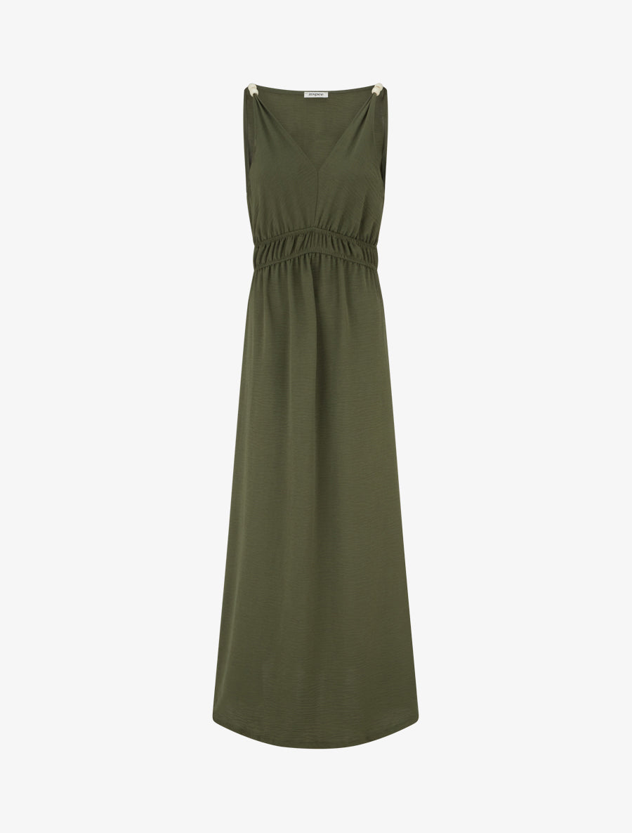 Robe longue évasée à bretelles perlées - Kaki - 1