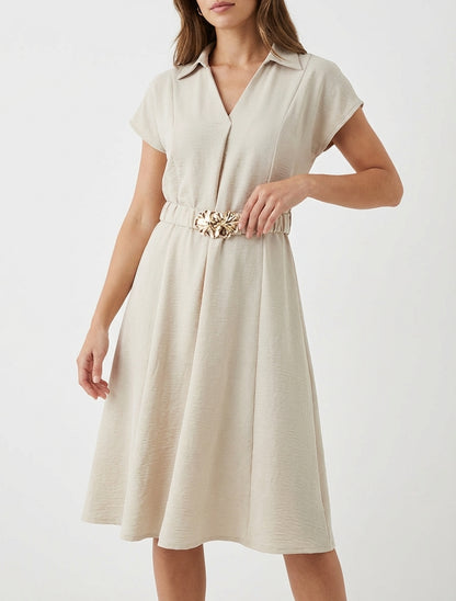 Robe fluide encolure V à rabat - Beige