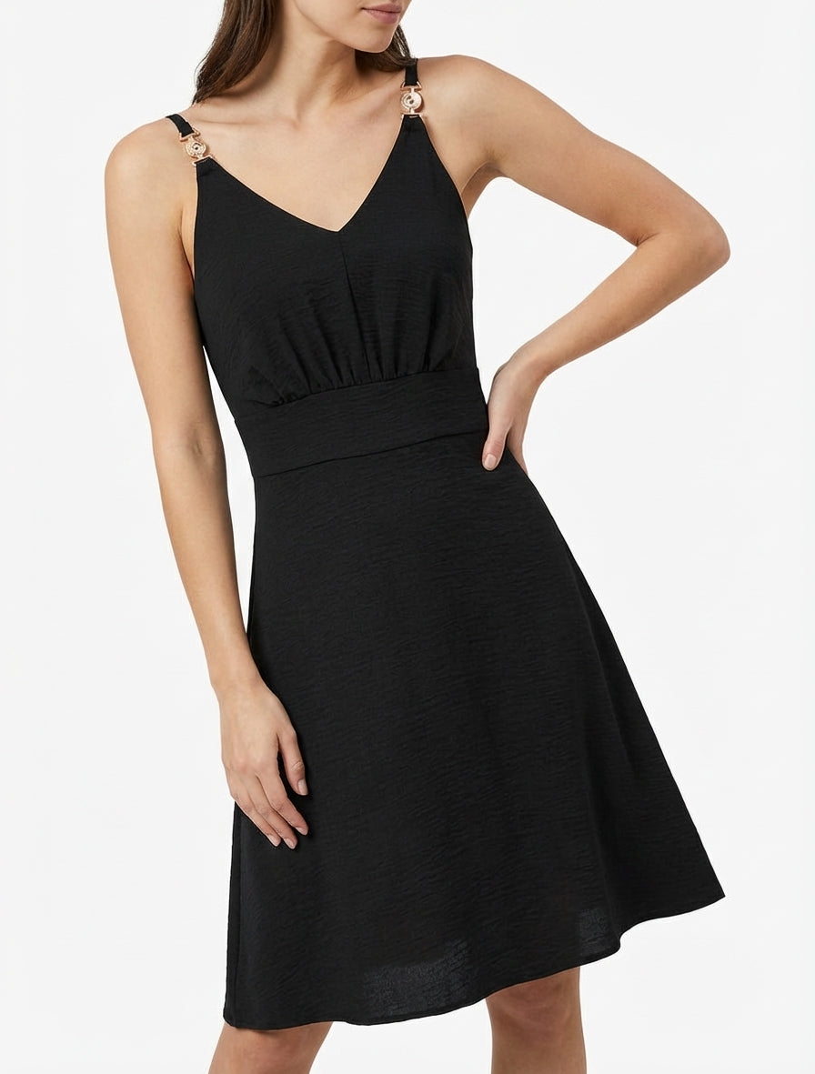 Robe mi-longue col V à bretelles - Noir