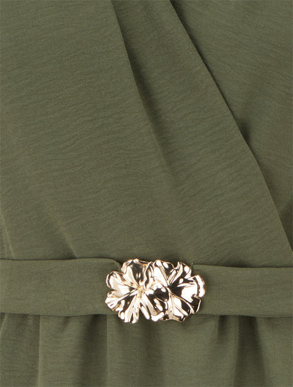 Robe unie à empiècement bijou à la taille - Kaki - 3