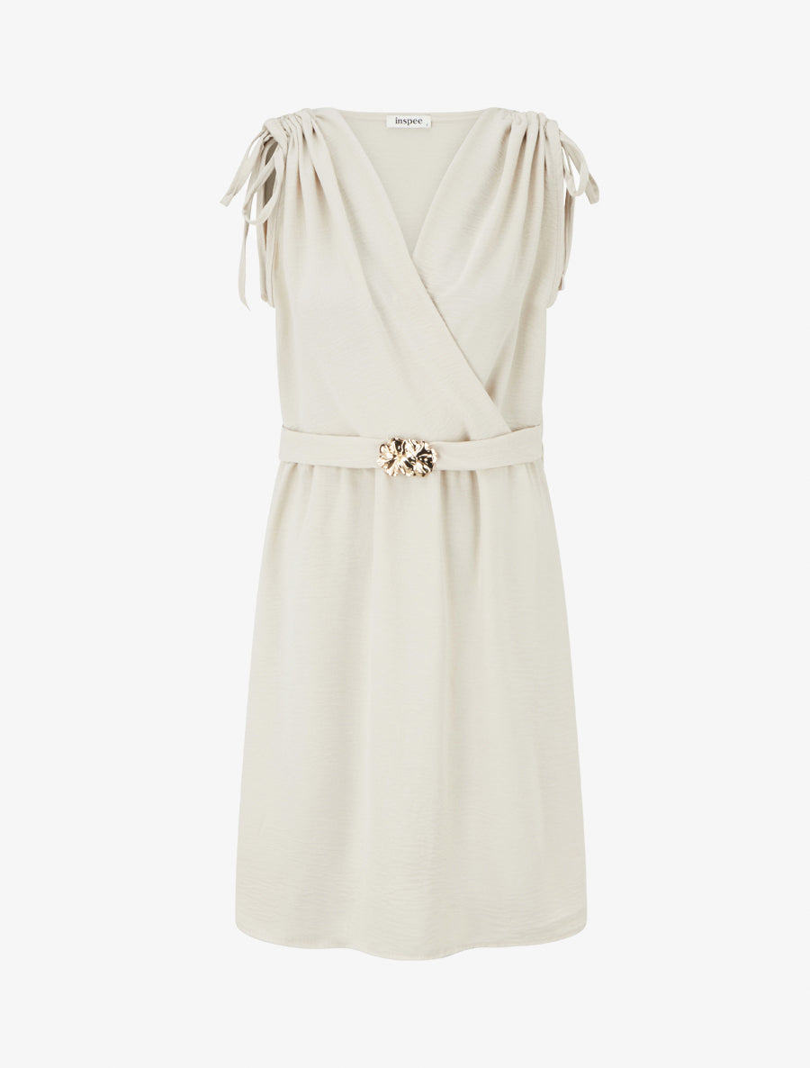 Robe unie à empiècement bijou à la taille - Beige - 1