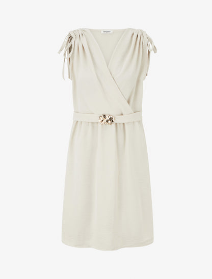 Robe unie à empiècement bijou à la taille - Beige - 1