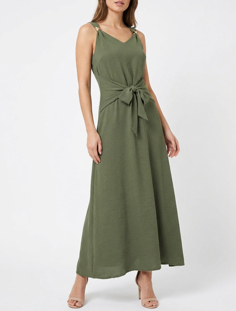 Robe longue col V à taille élastiquée - Kaki