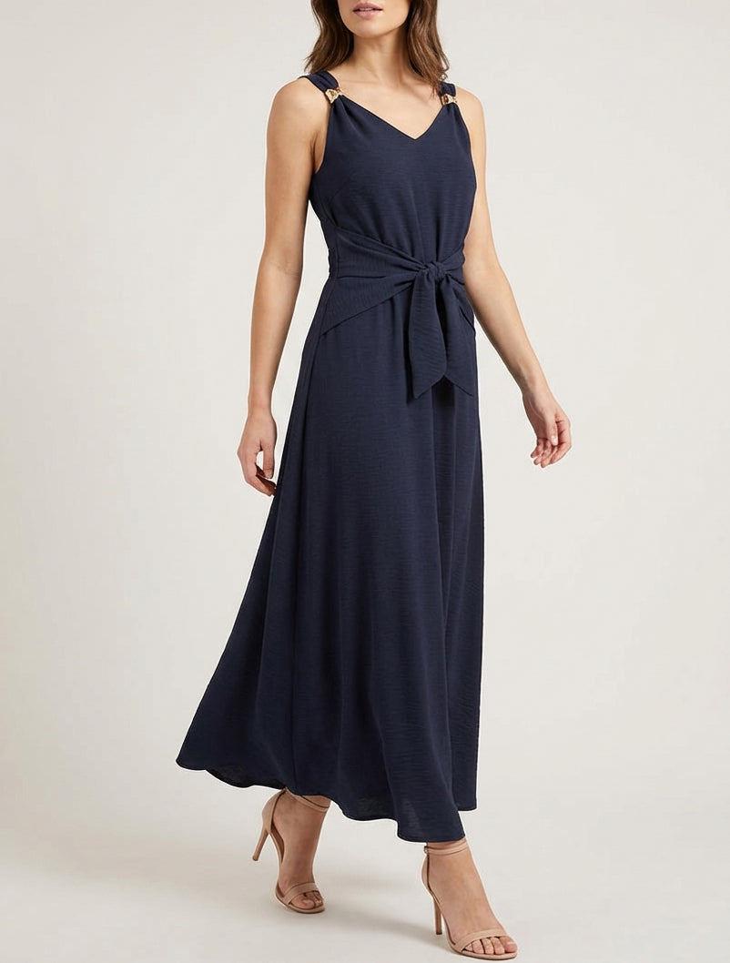 Robe longue col V à empiècements - Bleu nuit