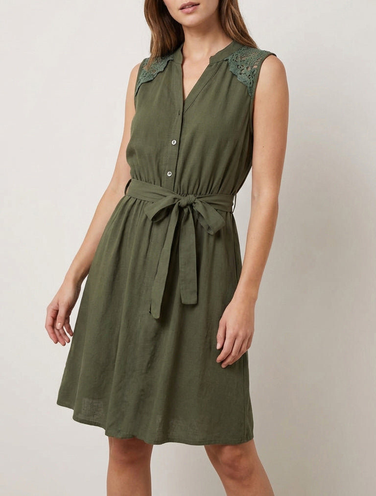 Robe mi-longue col V à dentelle - Kaki