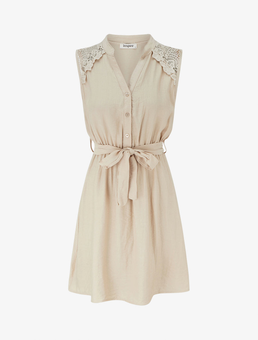 Robe mi-longue boutonnée sans manches - Beige - 1