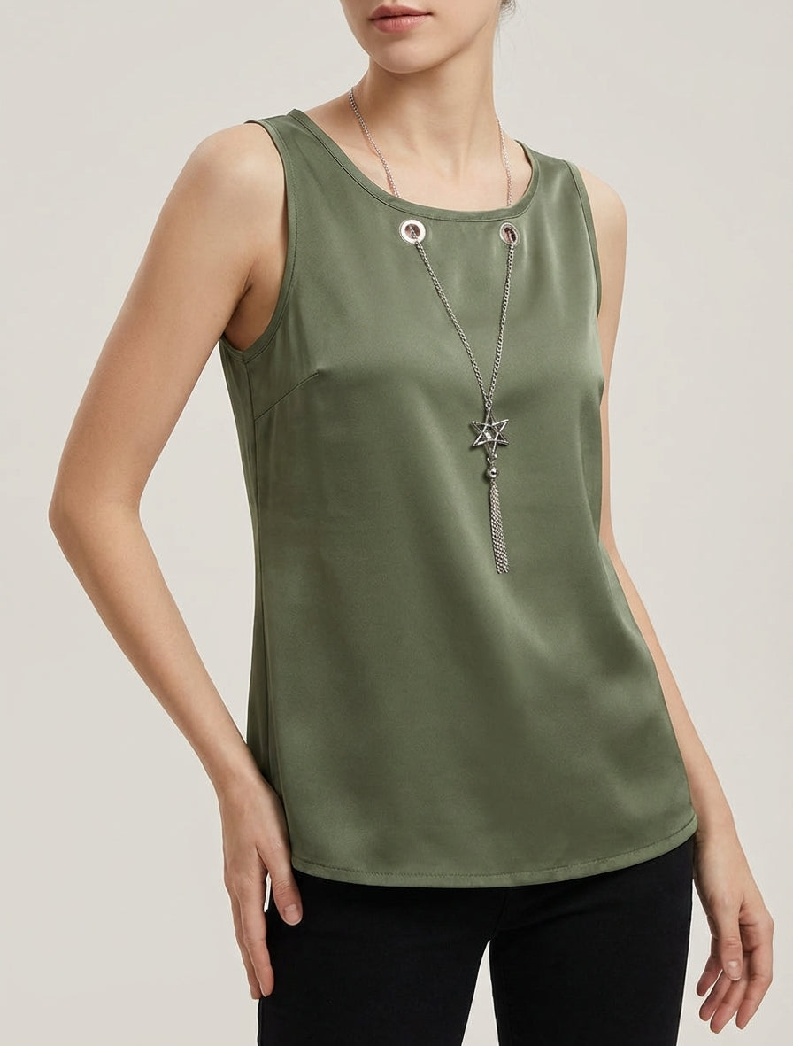 Top satiné col bijou amovible - Kaki