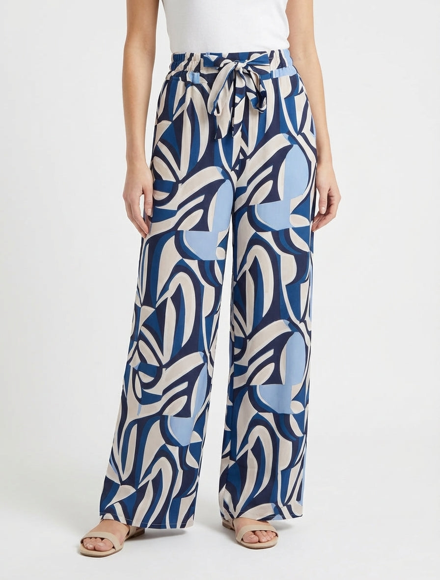Pantalon ample taille haute à nouer - Bleu