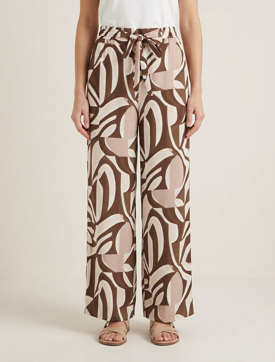 Pantalon fluide taille haute à nouer - Marron