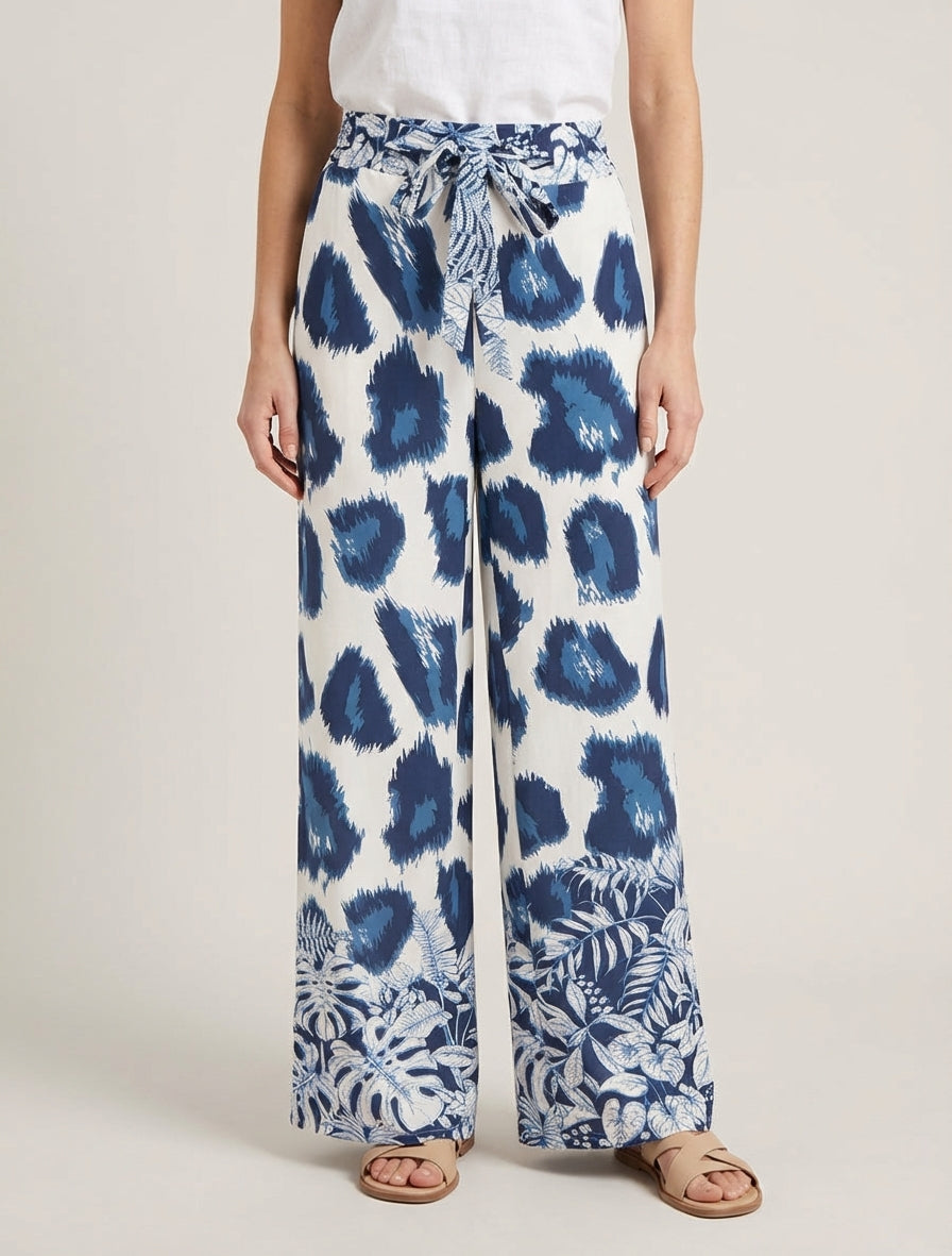 Pantalon fluide taille haute à nouer - Marine
