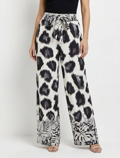 Pantalon ample taille haute à liens - Noir