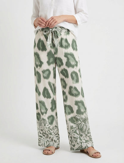 Pantalon fluide taille haute à liens - Kaki
