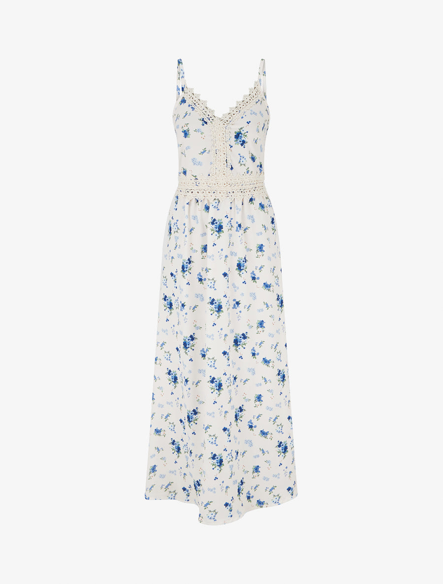 Robe longue imprimé petites fleurs à détail crochet - Bleu - 1