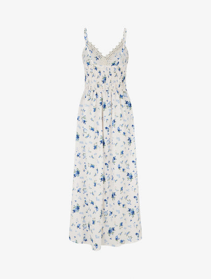Robe longue imprimé petites fleurs à détail crochet - Bleu - 2