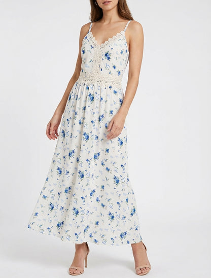 Robe longue col V à bretelles ajustables - Bleu