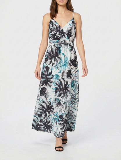 Robe longue à dos élastiqué imprimé feuillage - Noir