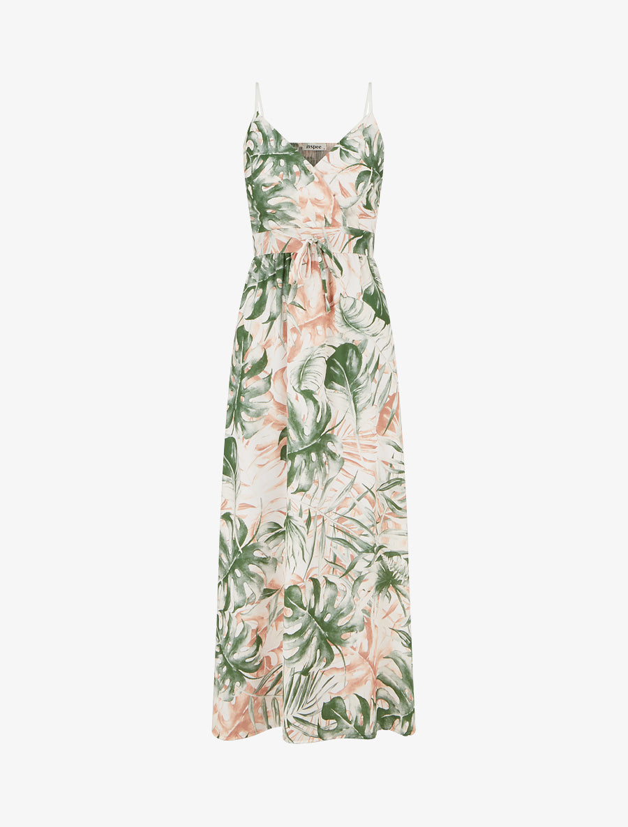 Robe longue à dos élastiqué imprimé feuillage - Kaki - 1